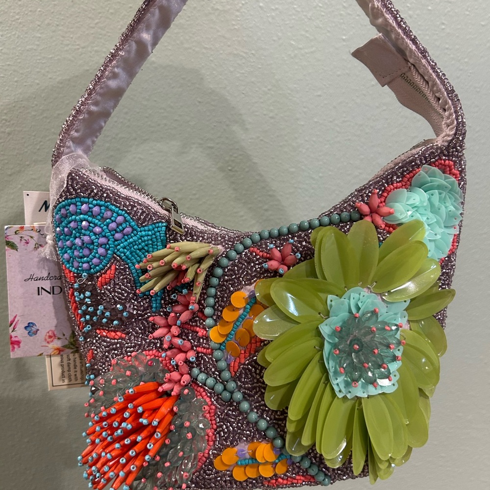 Green and Orange Shoulder Bag with Butterfly Print and Flower Accent